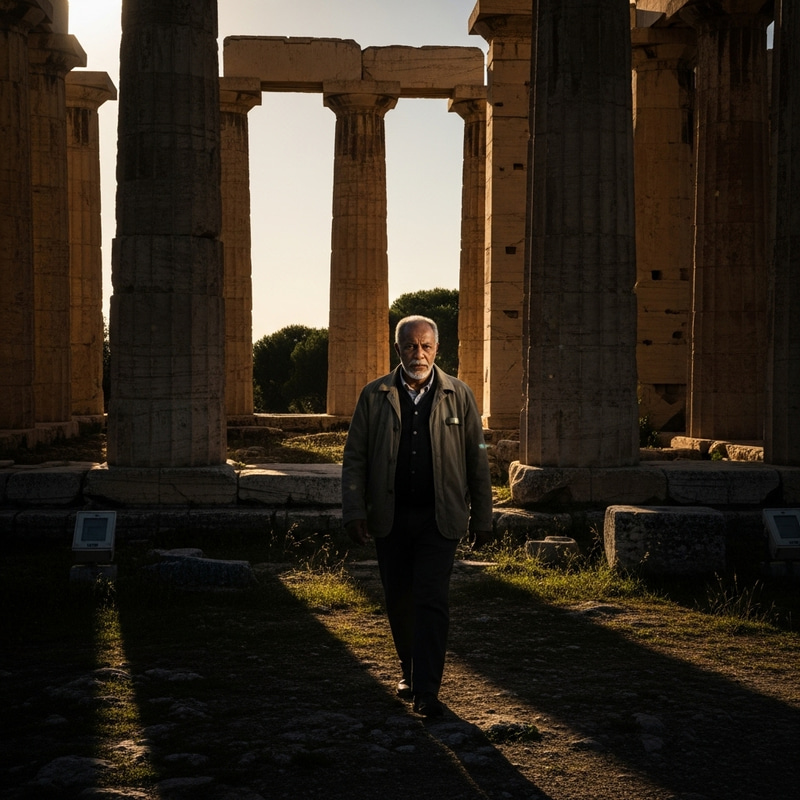 Ancient Man Walking Away from Athena's Temple Ancient Man Walking Away from Athena's Temple