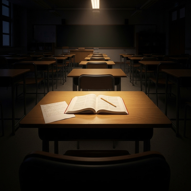 Illuminated Desk in Empty Classroom Image Illuminated Desk in Empty Classroom Image