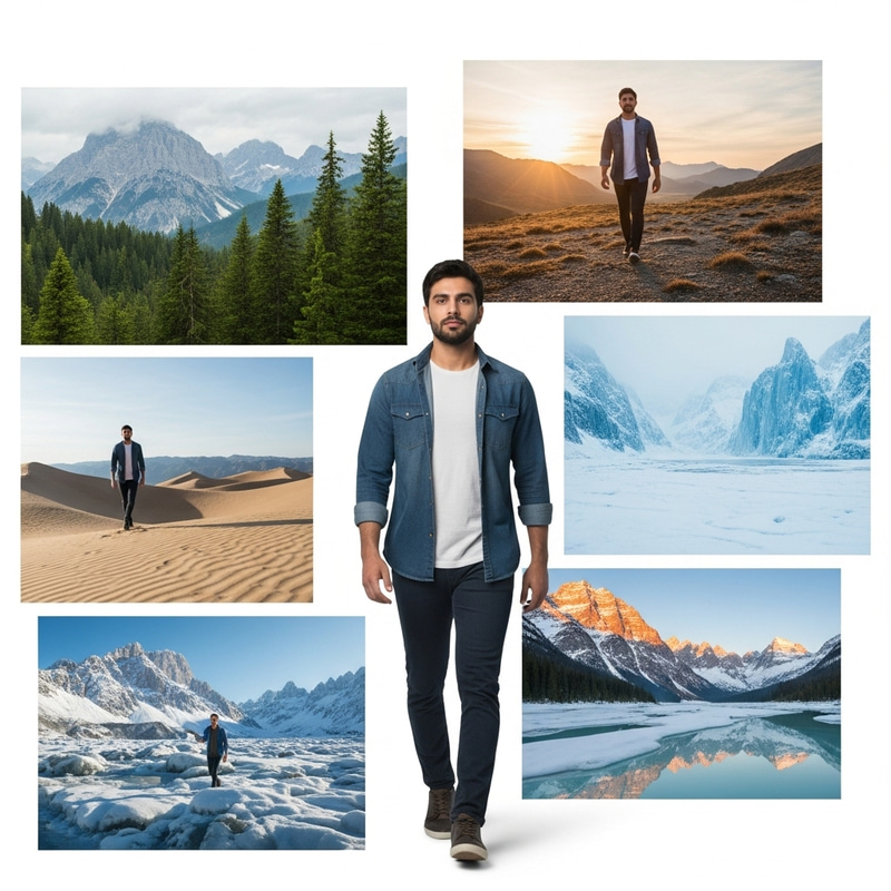 Fearless Man Walks Through Diverse Landscapes with Unwavering Faith Fearless Man Walks Through Diverse Landscapes with Unwavering Faith