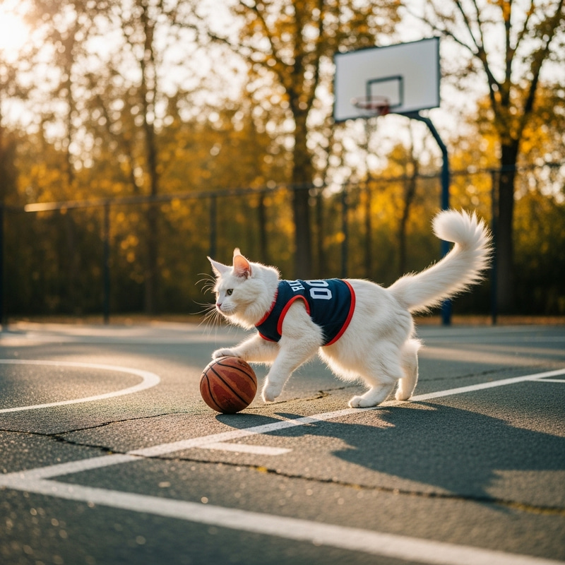 White Cat Playing Basketball - Adorable Image