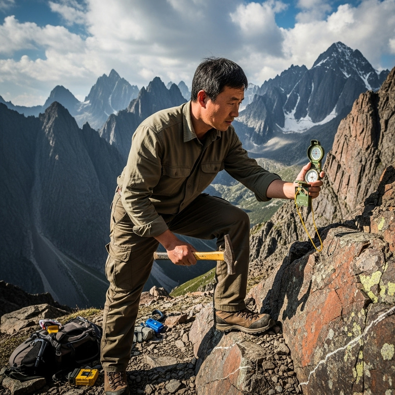 Chinese Geologist Working in Mountains with Compass and Geology Hammer Chinese Geologist Working in Mountains with Compass and Geology Hammer