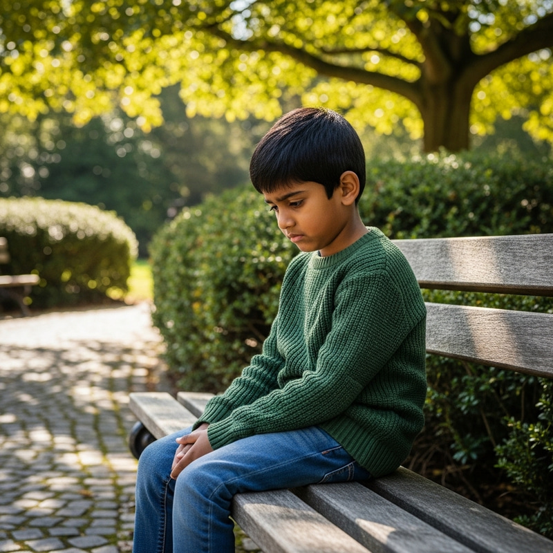 Sad Little Boy Seated on Park Bench Sad Little Boy Seated on Park Bench