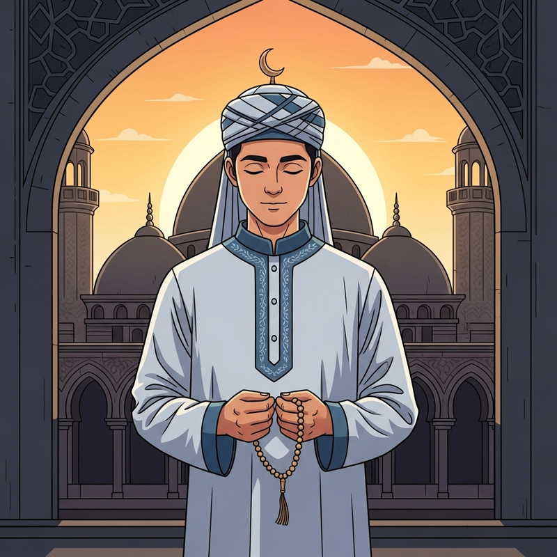 Tranquil Muslim Figure in Traditional Attire Praying at Ornate Mosque Tranquil Muslim Figure in Traditional Attire Praying at Ornate Mosque
