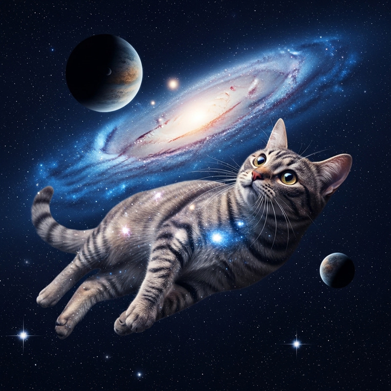 Space Cat with Planets - Enchanting Cosmic Scene