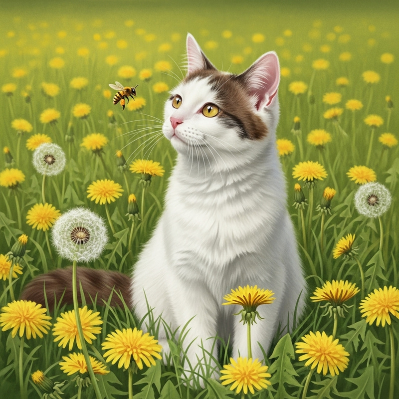 Whimsical White Cat in Dandelion Meadow Watching Bee Whimsical White Cat in Dandelion Meadow Watching Bee