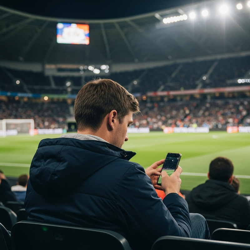 Man Sitting in Stadium with Phone, Crowd in Background
