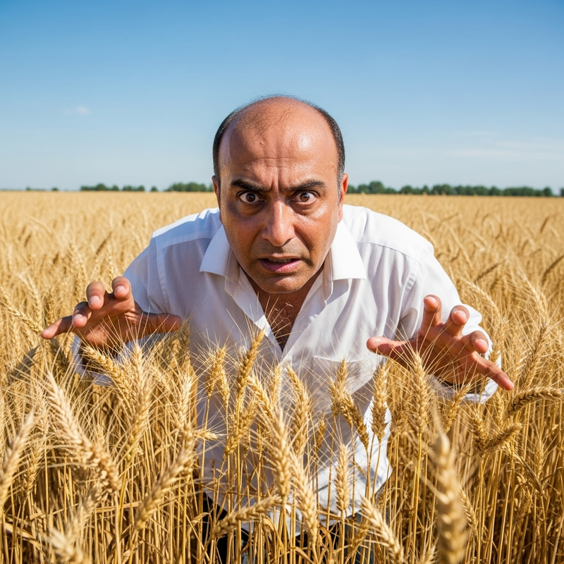 Maniac Bald Man Searching Wheat Field Maniac Bald Man Searching Wheat Field