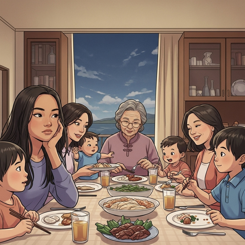 Vivid Asian Family Dinner Illustration: Teenage Girl Daydreaming Moment Vivid Asian Family Dinner Illustration: Teenage Girl Daydreaming Moment