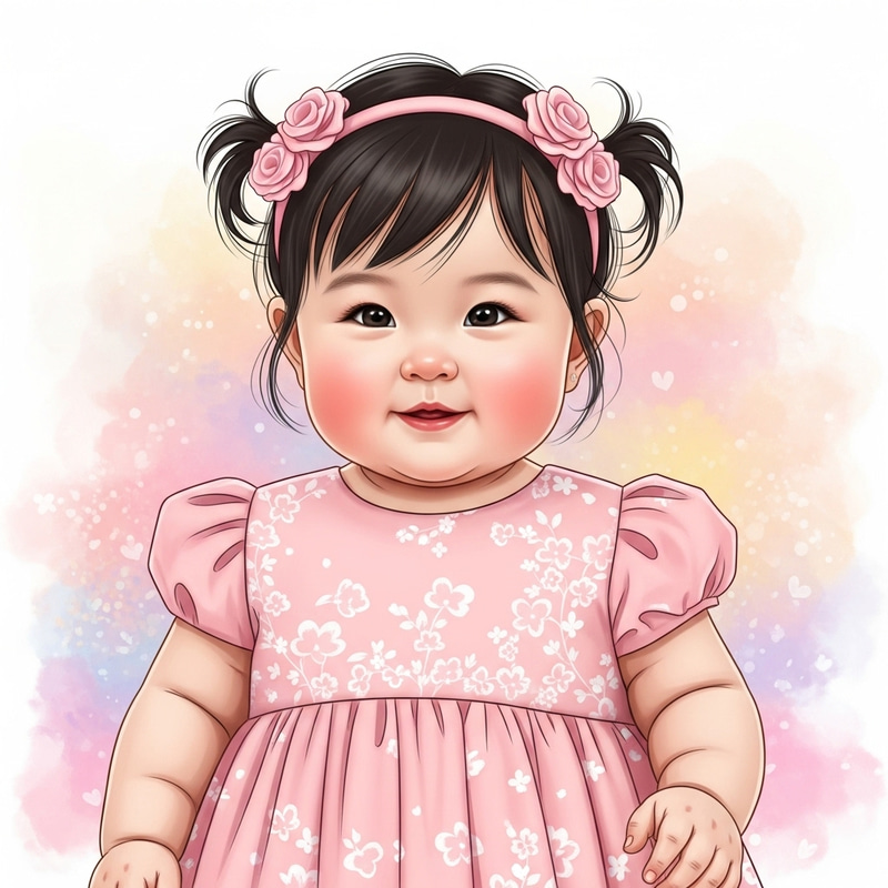 Beautiful East Asian Baby Girl in Soft Pink Dress - Illustration