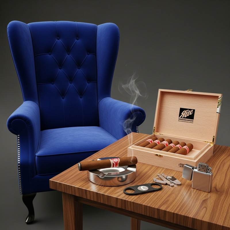 Luxury Royal Velvet High Back Chair & Wooden Table with Cigar Set Luxury Royal Velvet High Back Chair & Wooden Table with Cigar Set