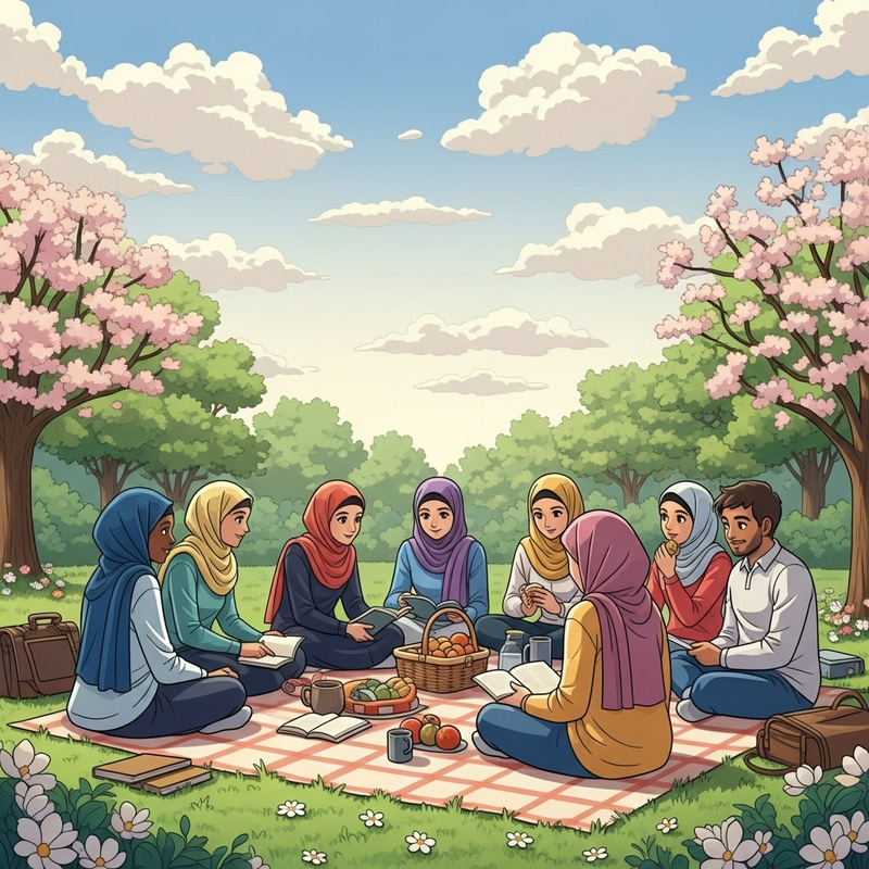 Charming Students in Hijab Enjoying Garden Picnic