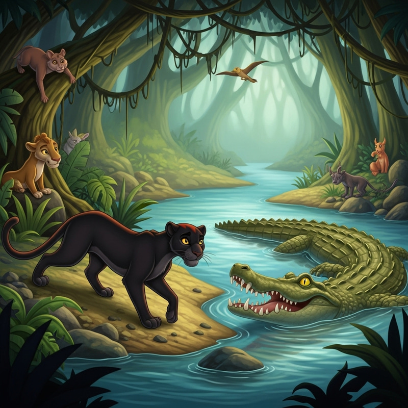 Fearless Feline Shadow Faces Massive Crocodile in Lush Jungle Fearless Feline Shadow Faces Massive Crocodile in Lush Jungle