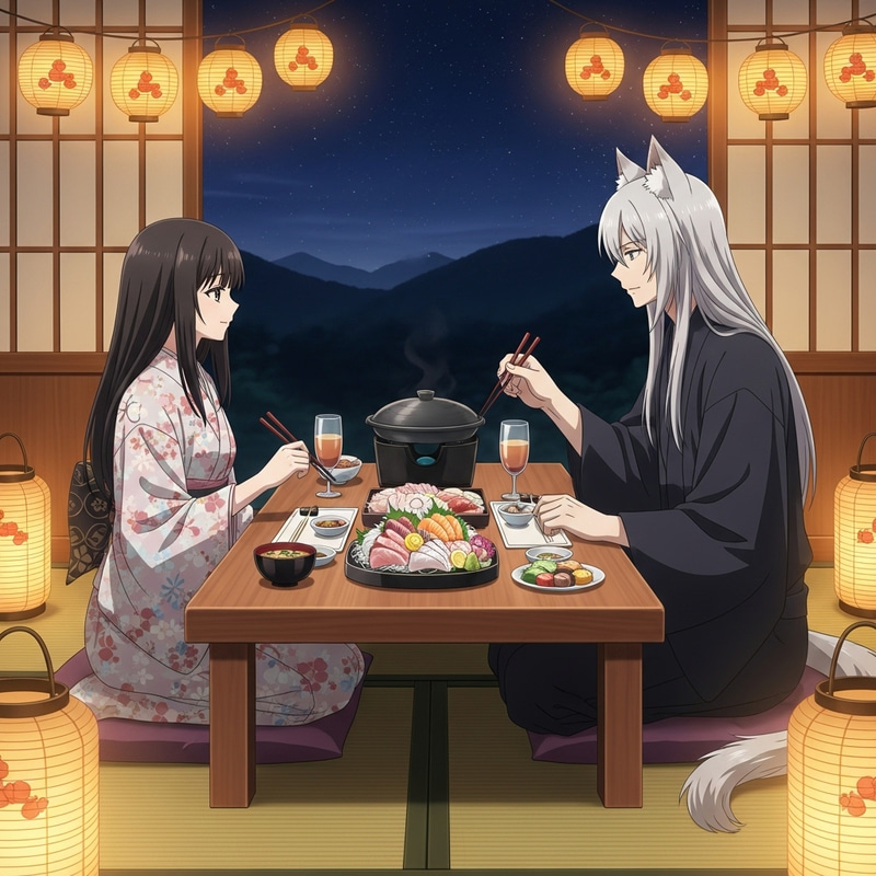 Romantic Dinner with Female Character with Bangs and Male Character with Cat Ears Romantic Dinner with Female Character with Bangs and Male Character with Cat Ears