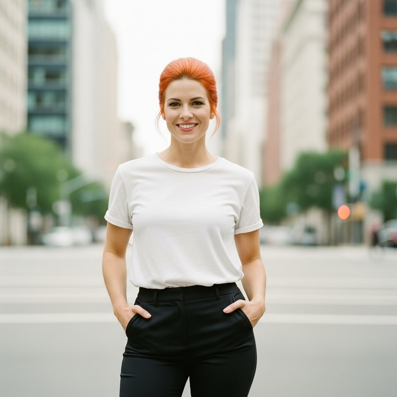 Stylish Woman with Orange Hair in White Shirt and Black Pants