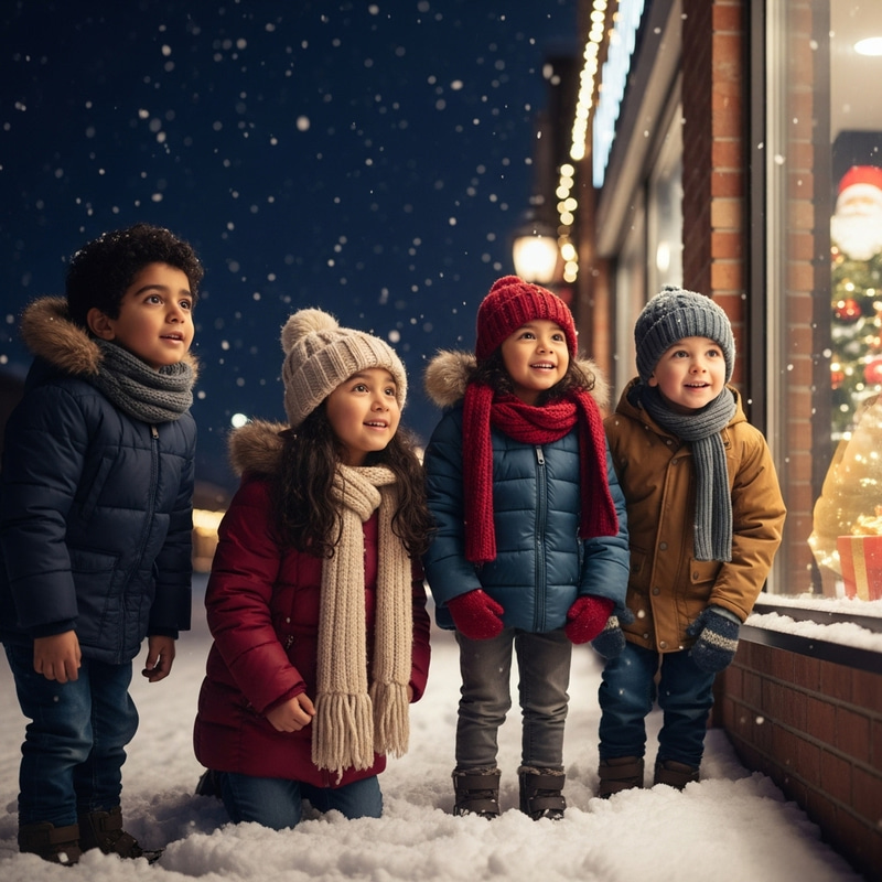 Children Admiring Christmas Window Display in Snowy Scene Children Admiring Christmas Window Display in Snowy Scene