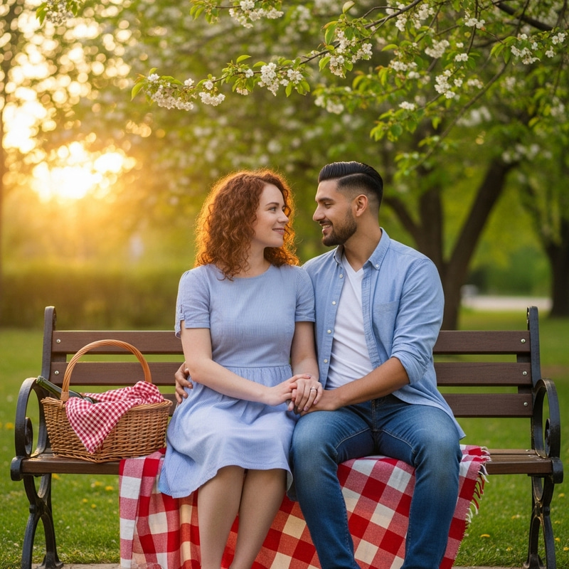 Serenade of Love: Couple on Park Bench Admiring Sunset Serenade of Love: Couple on Park Bench Admiring Sunset