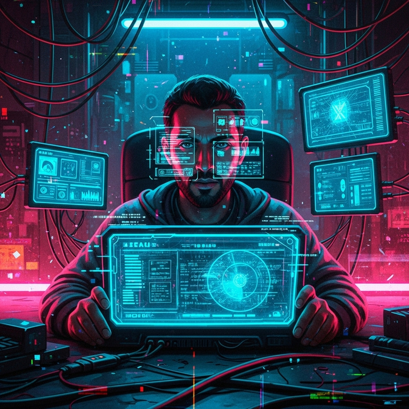 Middle-Eastern Male Hacker in Cyberpunk Aesthetics: Digital Painting with Neon Lights Middle-Eastern Male Hacker in Cyberpunk Aesthetics: Digital Painting with Neon Lights