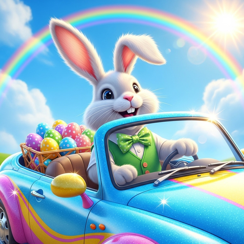 Fluffy Easter Bunny Driving Colorful Car | Whimsical Easter Image Fluffy Easter Bunny Driving Colorful Car | Whimsical Easter Image