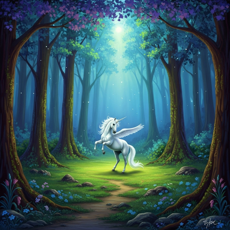 Mystical Forest Scene with Graceful Unicorn - Fantasy Wonderland