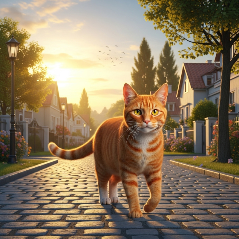 Peaceful Red Cat in Charming Neighborhood Scene Peaceful Red Cat in Charming Neighborhood Scene