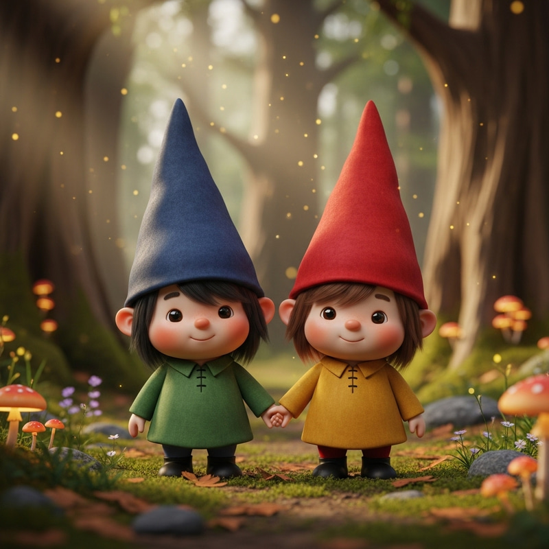 Cute White Gnomes with Black and Light Brown Hair Holding Hands
