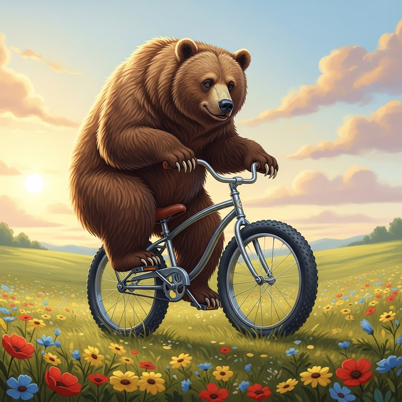 Bear Riding Bike: Majestic Wildlife in Blooming Landscape Bear Riding Bike: Majestic Wildlife in Blooming Landscape