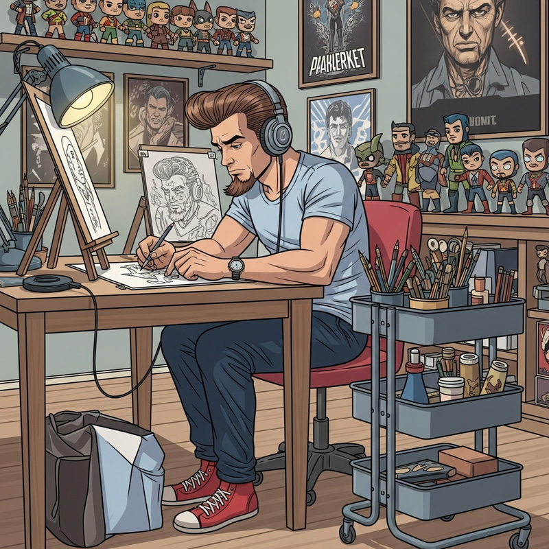 Comic-style Illustrator at Drawing Table with Red Sneakers Comic-style Illustrator at Drawing Table with Red Sneakers
