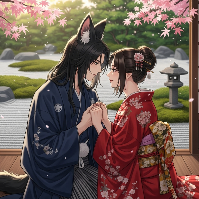 Inuyasha and Kikyo Romantic Couple with Cat Ears in Feudal Japan Attire