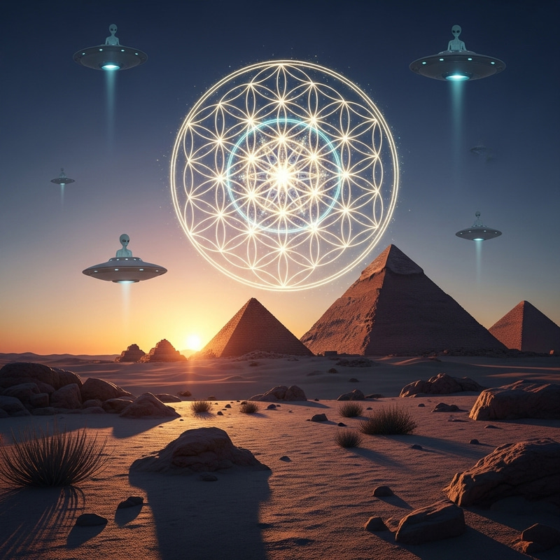 Aliens and Sacred Geometry: Flower of Life in Pyramid Desert Scene Aliens and Sacred Geometry: Flower of Life in Pyramid Desert Scene