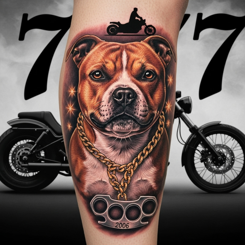 Staffordshire Bull Terrier Tattoo with Golden Chain Knuckleduster 2006