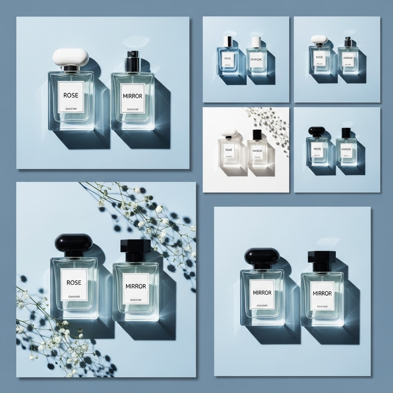 Blue-White Perfume Visuals: Rose & Mirror, Elegant Flatlay Compositions Blue-White Perfume Visuals: Rose & Mirror, Elegant Flatlay Compositions
