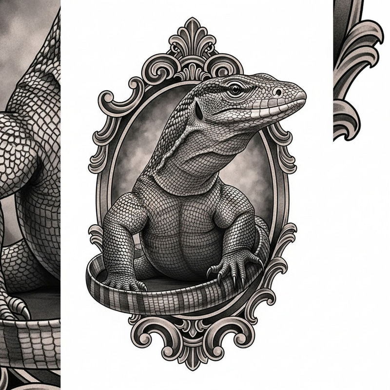 Elegant Savannah Monitor Lizard Tattoo Design with Antique Frame Elegant Savannah Monitor Lizard Tattoo Design with Antique Frame