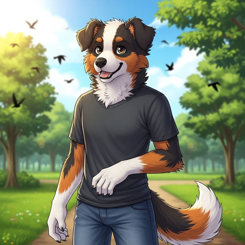 Furry Humanoid in Lush Park - Dog-Inspired Colorful Design Furry Humanoid in Lush Park - Dog-Inspired Colorful Design