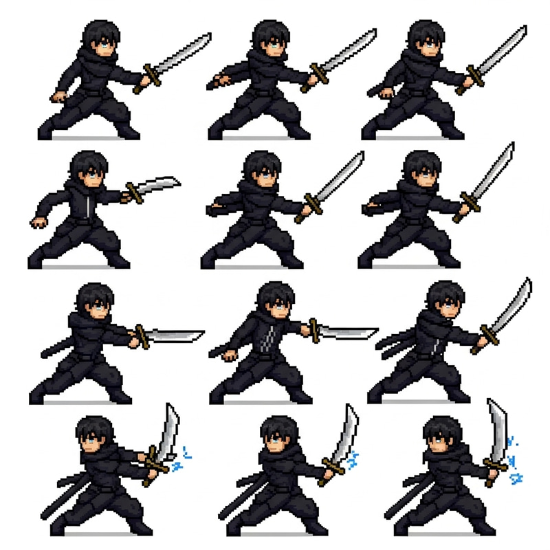 Pixel Art Warrior: Dark-Haired Swordsman Animation Attack