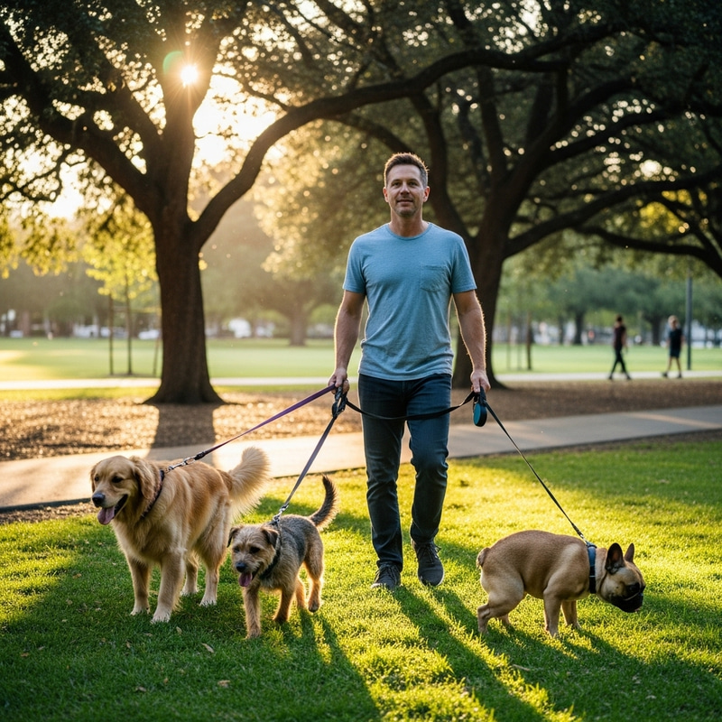 Caucasian Male Walking Three Dogs: 1 Dog Pottying Caucasian Male Walking Three Dogs: 1 Dog Pottying