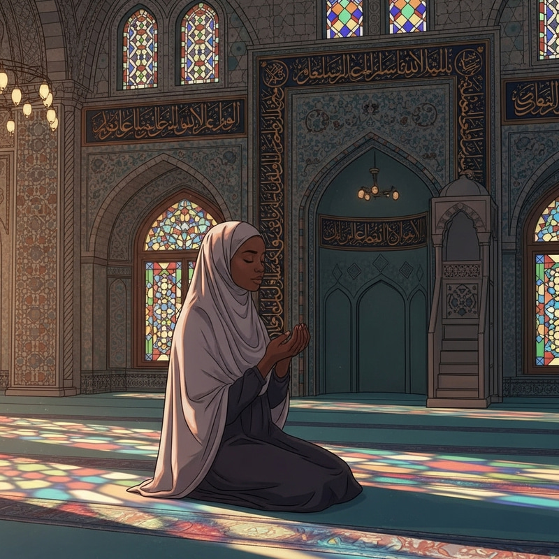 Black Muslim Woman in Prayer in Exquisitely Decorated Mosque Black Muslim Woman in Prayer in Exquisitely Decorated Mosque