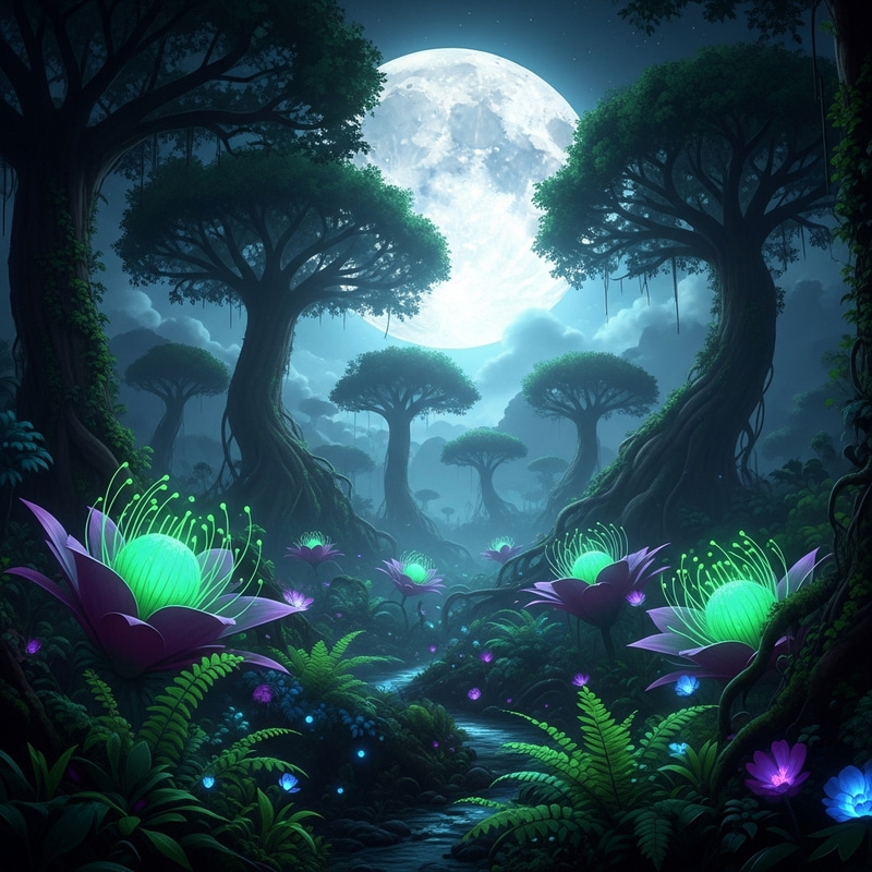 Enchanting Moonlit Forest: Bioluminescent Alien Landscape Enchanting Moonlit Forest: Bioluminescent Alien Landscape