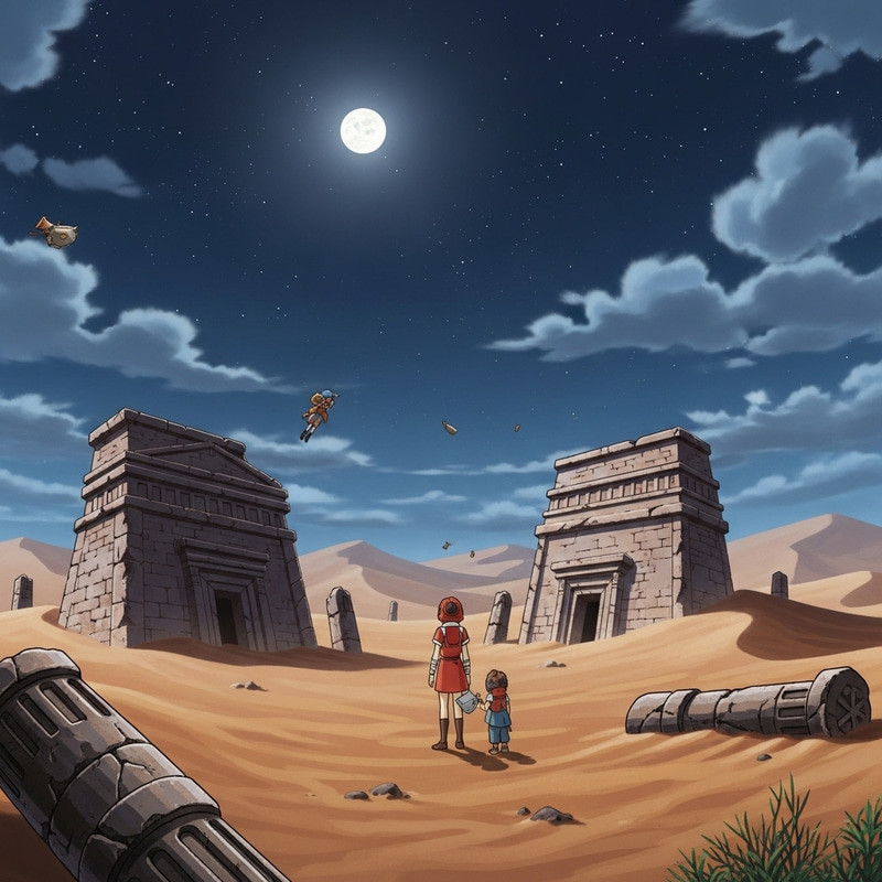Anime Style Desert Night with Moon, Stars, Ruins & Clouds