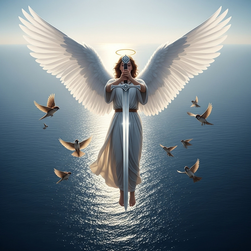 Ethereal Angel with Silver Sword and White Wings Over Cerulean Sea Ethereal Angel with Silver Sword and White Wings Over Cerulean Sea