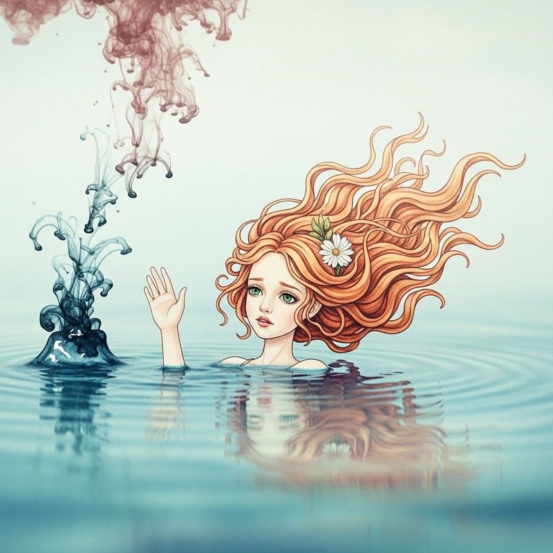 Enchanting Surreal Paper Doll Sinking in Watercolor Scene Enchanting Surreal Paper Doll Sinking in Watercolor Scene