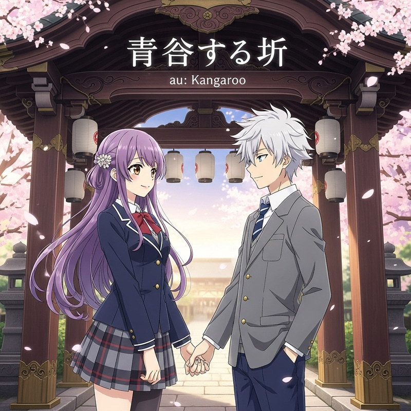 Anime Art: Boy and Girl Holding Hands under Ceremonial Arch