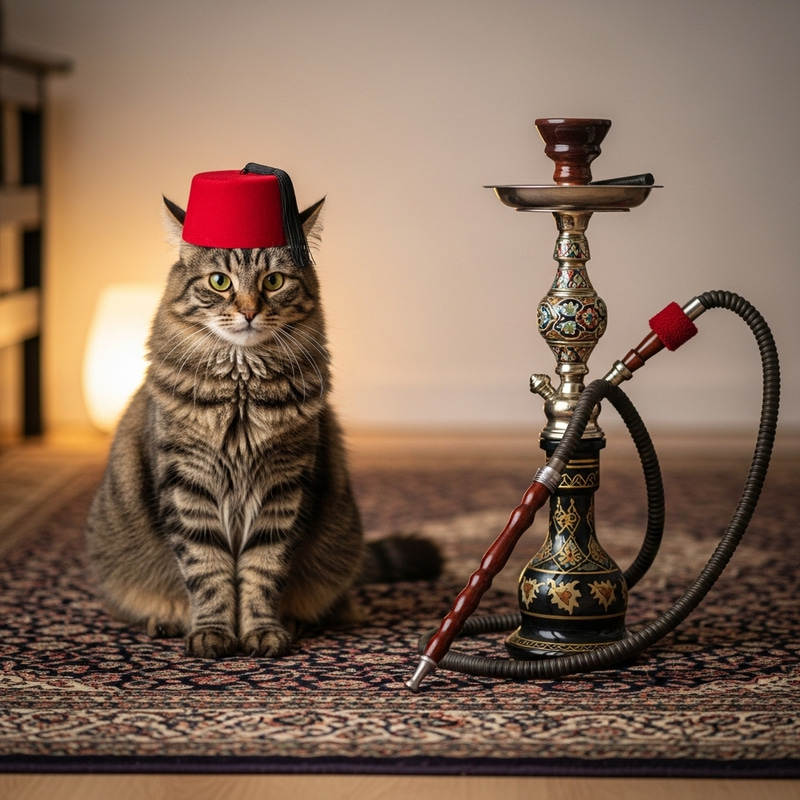 Fez-Wearing Tabby Cat Resting on Ornate Carpet with Hookah Fez-Wearing Tabby Cat Resting on Ornate Carpet with Hookah