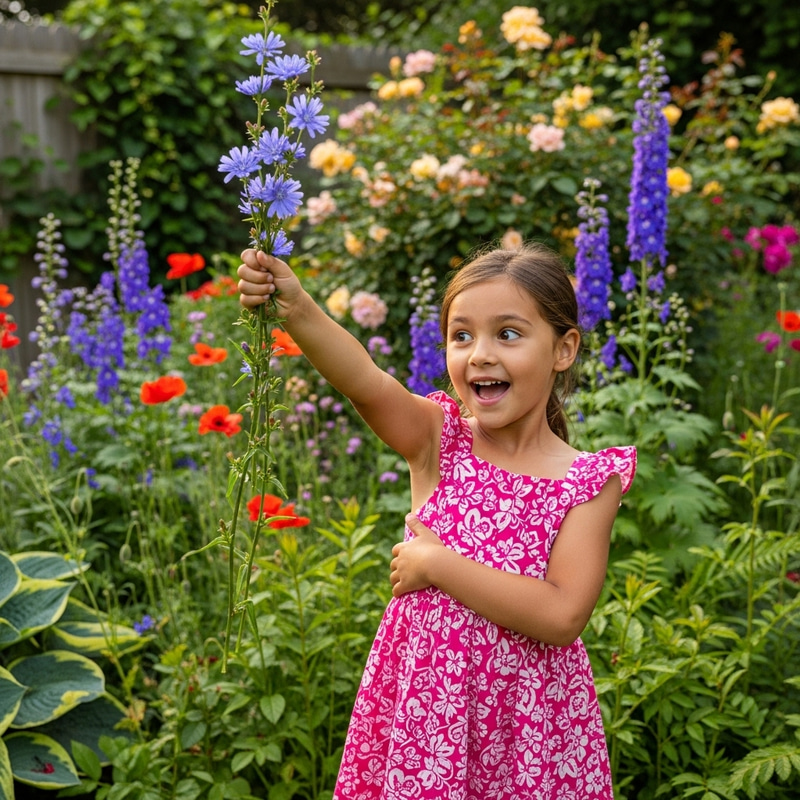 Radiant Girl Posing with Chicory Flower in Enchanting Garden Scene Radiant Girl Posing with Chicory Flower in Enchanting Garden Scene