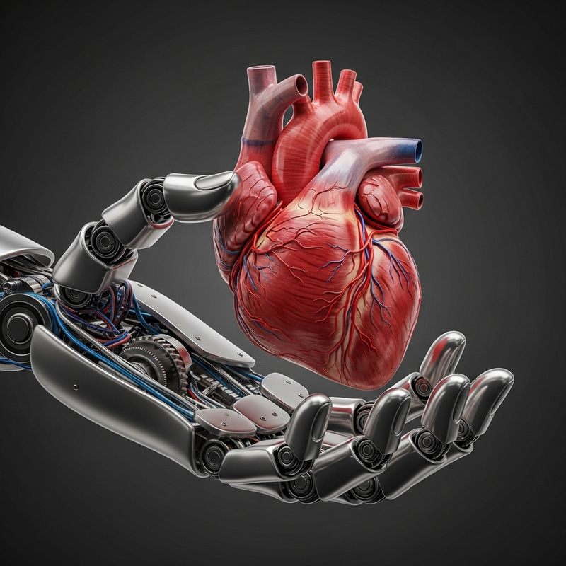 Detailed Mechanical Hand Holding Realistic Human Heart: An Intricate Composition