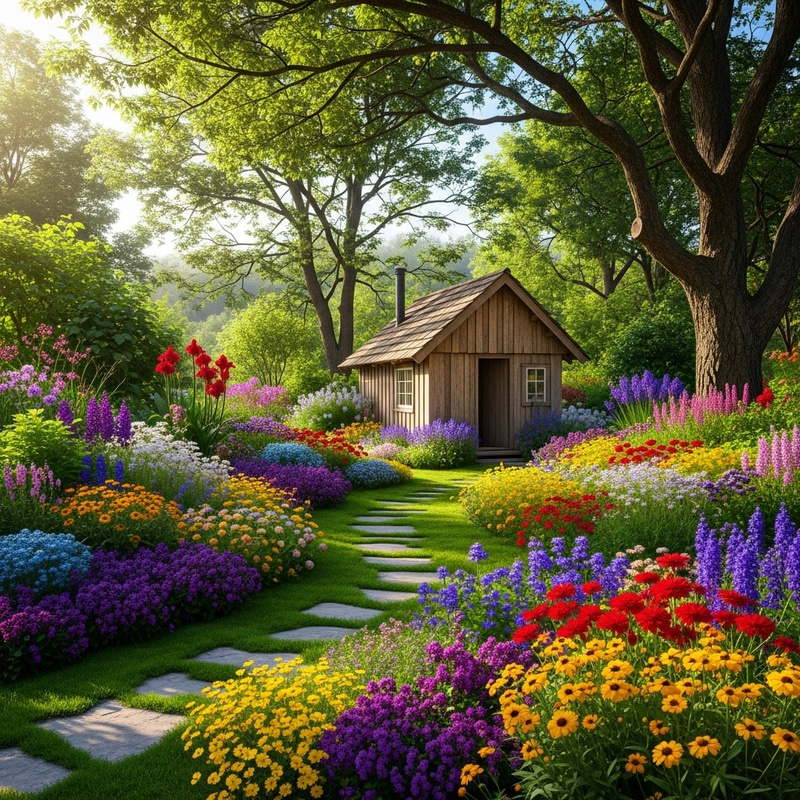 Serene Hut Amidst Abundant Nature and Blooms
