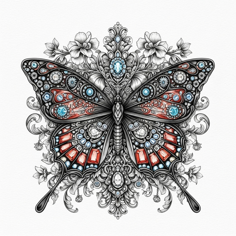 Intricate Butterfly Pattern with Delicate Floral, Jewels, and Baroque Inspiration