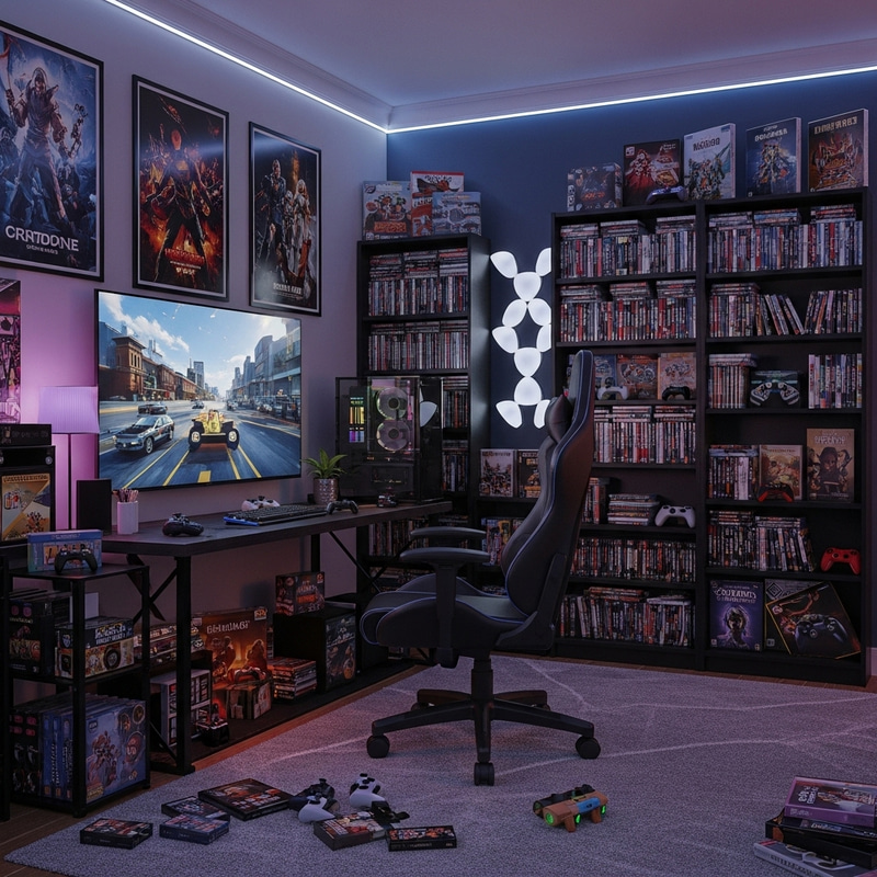 Ultimate Gamer's Paradise: Iconic Video Games, LED Lights & Swivel Chair Ultimate Gamer's Paradise: Iconic Video Games, LED Lights & Swivel Chair
