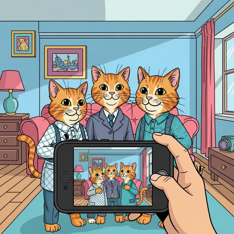 Mischievous Kittens Selfie in Colorful Living Room Mischievous Kittens Selfie in Colorful Living Room