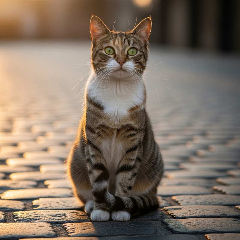 Calico Cat on Cobblestone Street