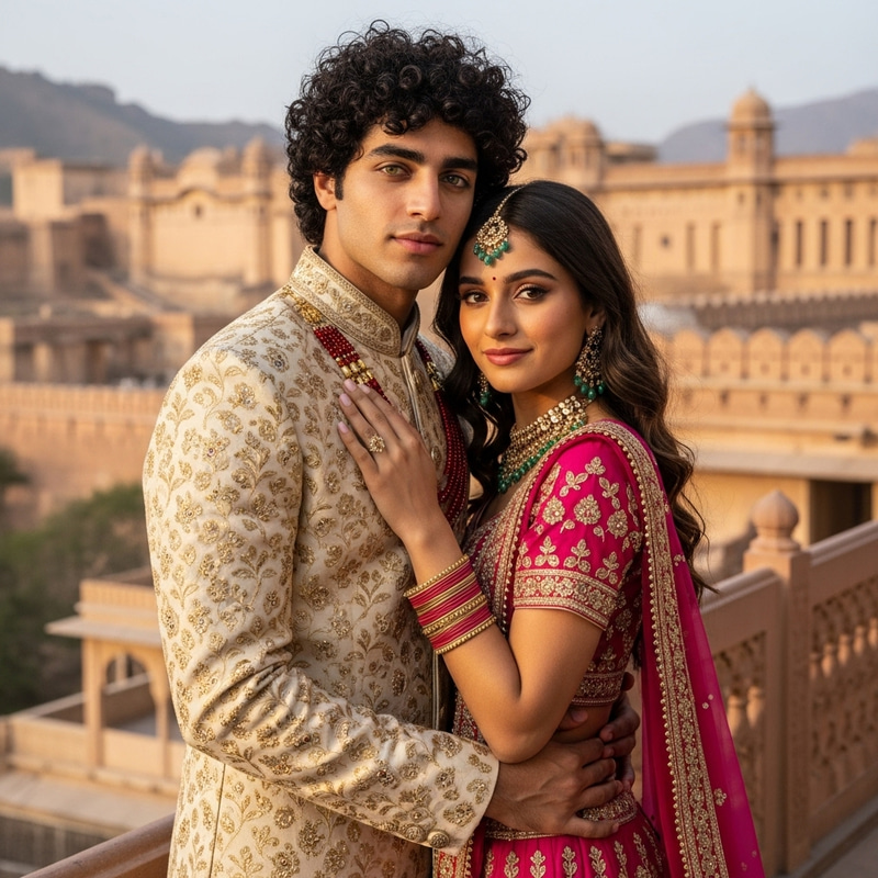 Romantic Indian King and Queen Embrace at Rajasthani Royal Fort